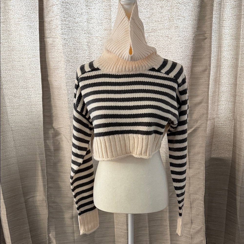Zara Black & Cream Striped Cropped Turtleneck Sweater